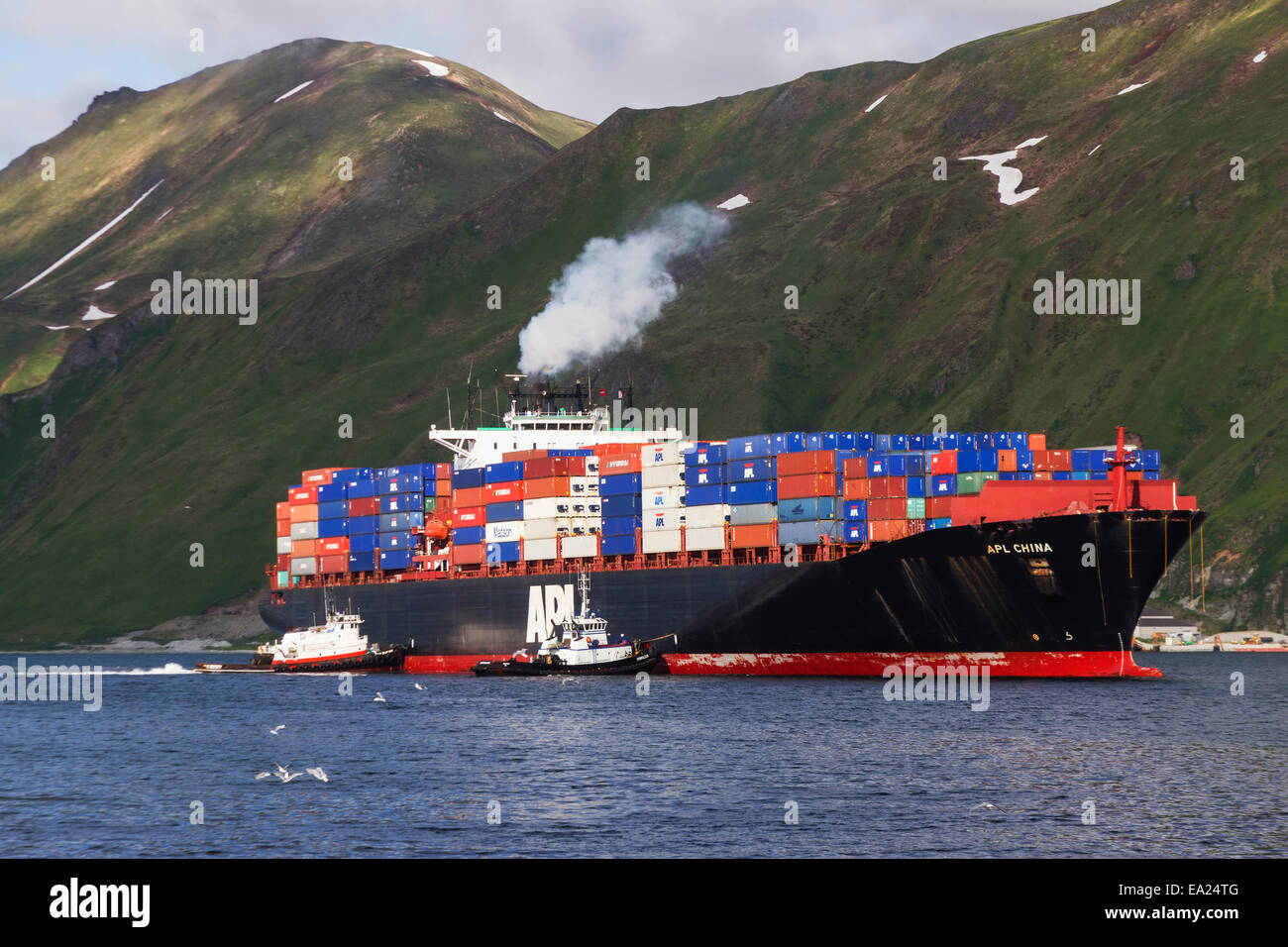 American President Lines container vessel, APL China in Unalaska Bay, Unalaska, Alaska. Stock Photo
