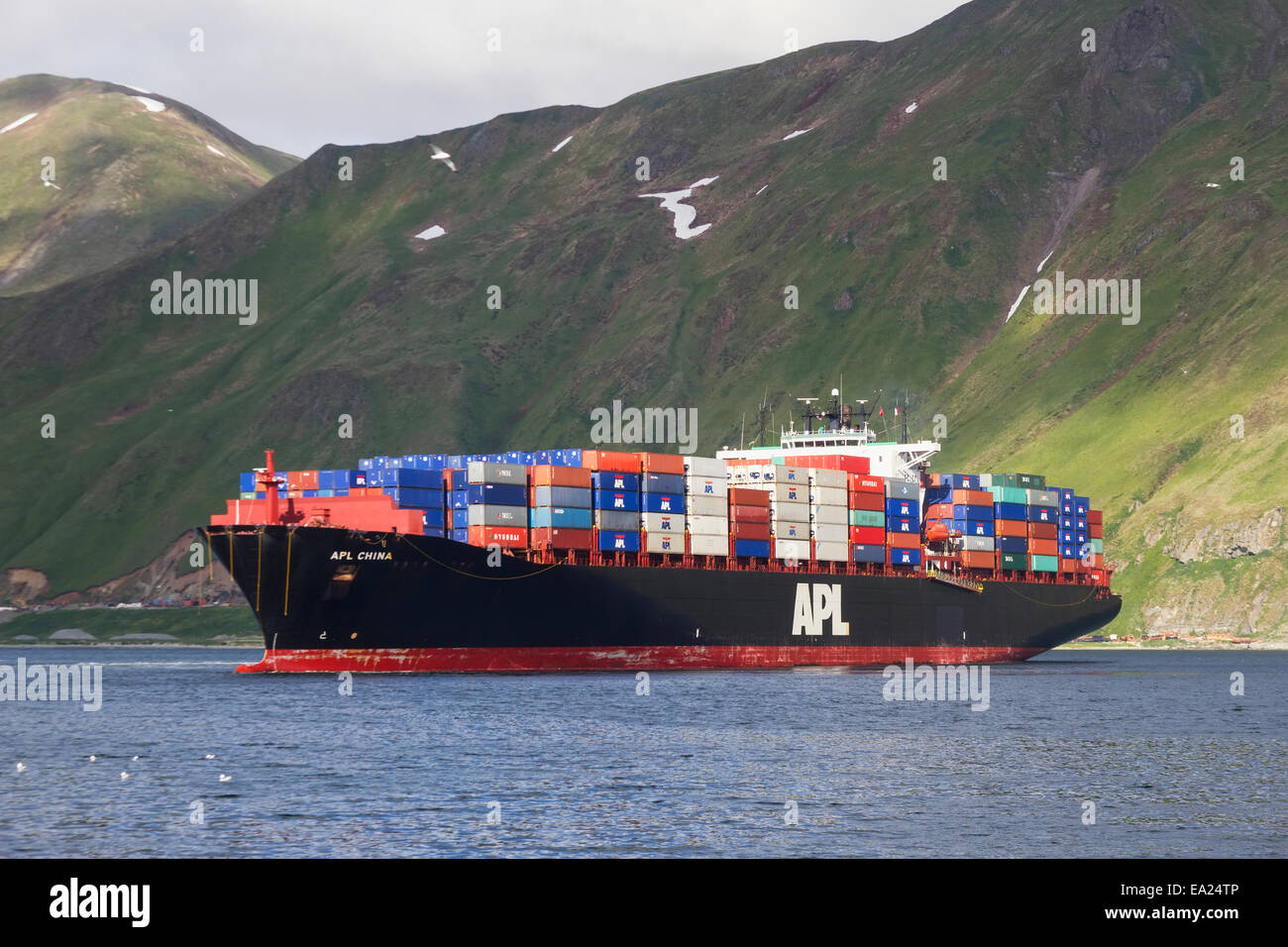 American President Lines container vessel, APL China in Unalaska Bay, Unalaska, Alaska. Stock Photo
