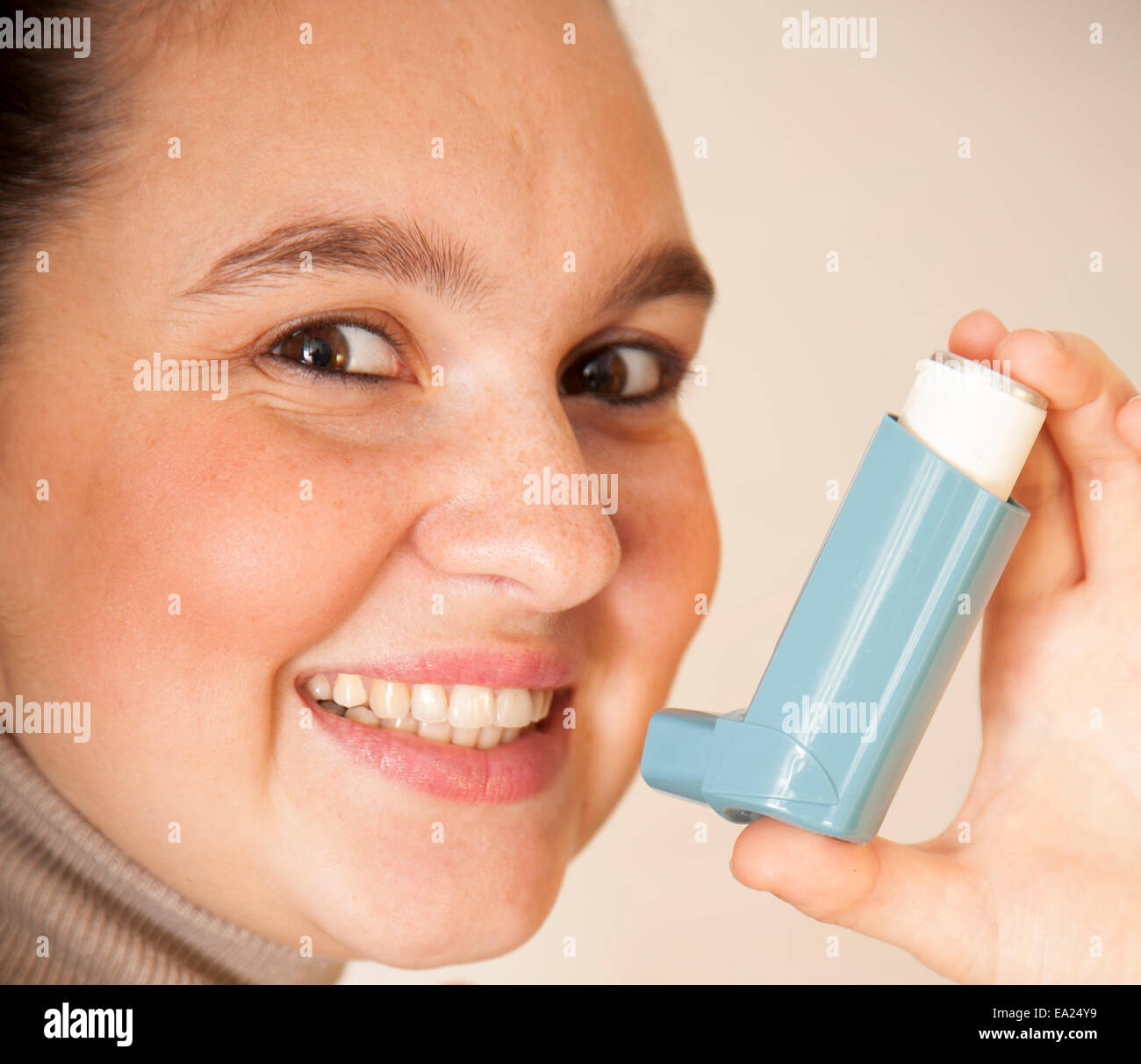 Cute girl with asthma inhalator Stock Photo Alamy