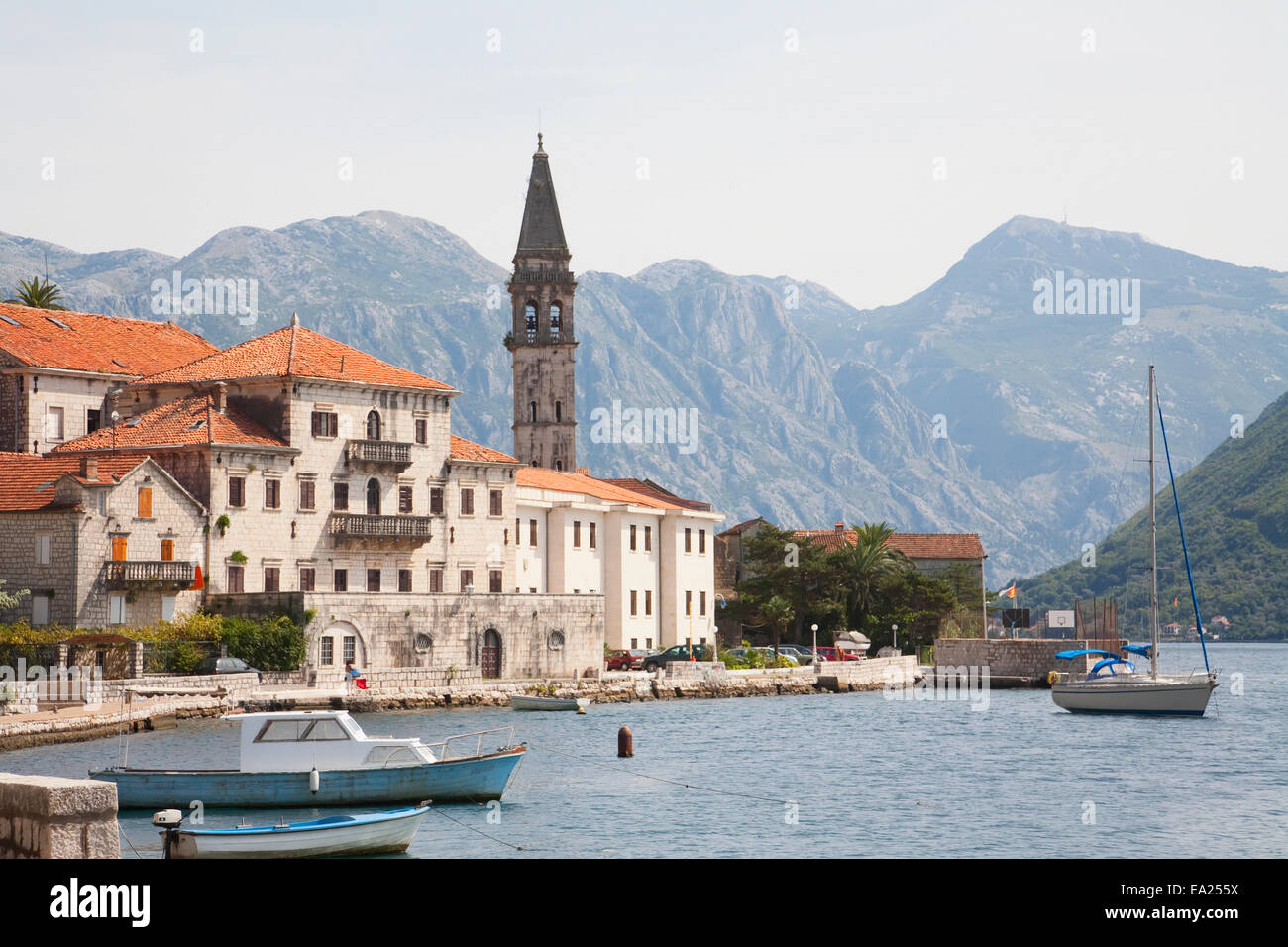 Panorama Of The Town Of Perast Along Kotor Bay, Montenegro Stock Photo