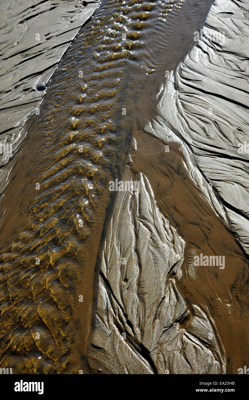 sea water running off  leaves traces in the sand on the beach Stock Photo
