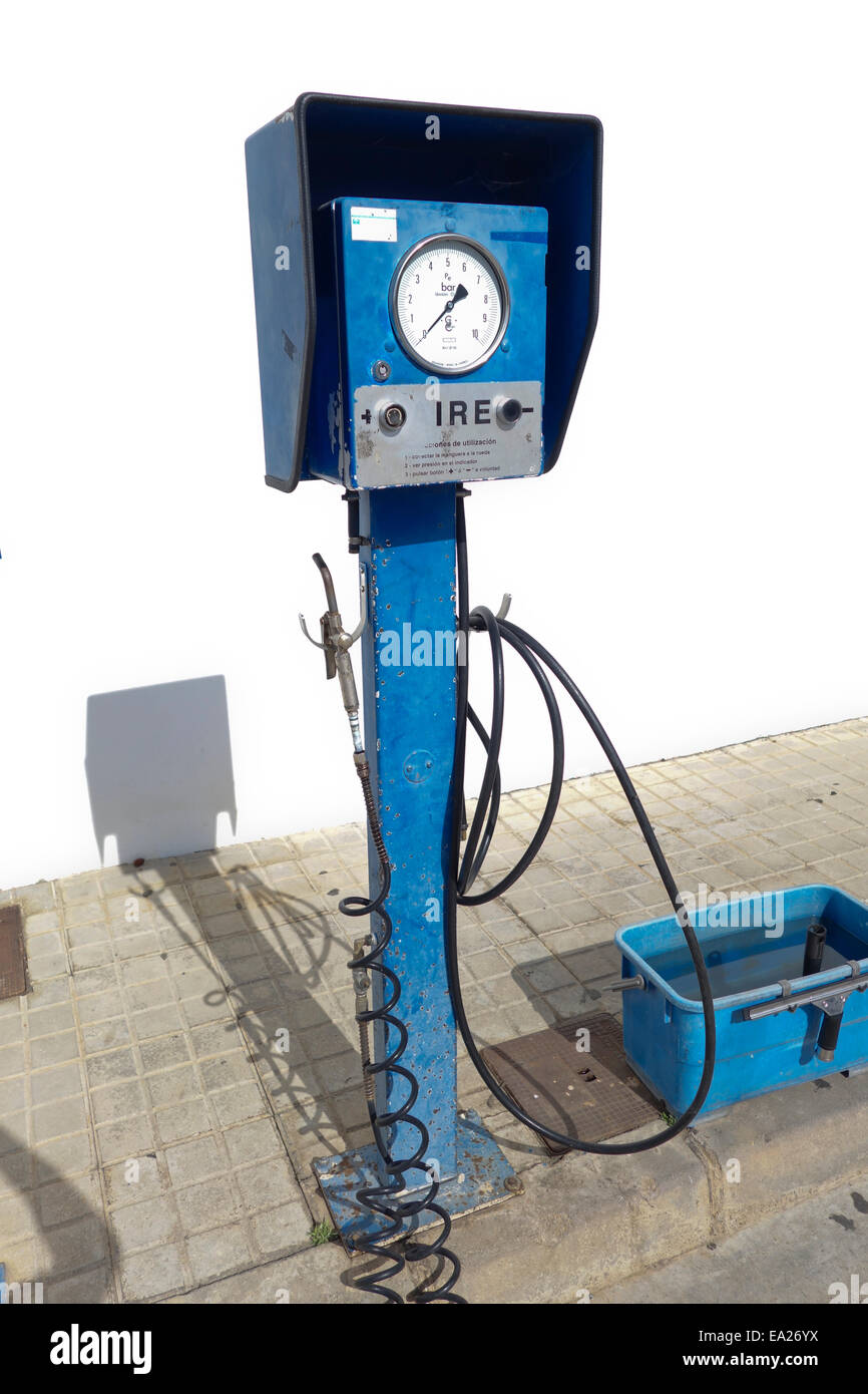 Gas station air pump, Petrol station, at border of Spain and Portugal. Southern Spain Stock Photo
