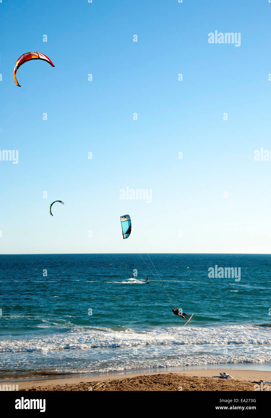 Kitesurfers at "Playa Arenal Bol" beach of Calp, Calpe on the Costa Blanca, Alicante Province, Spain Stock Photo