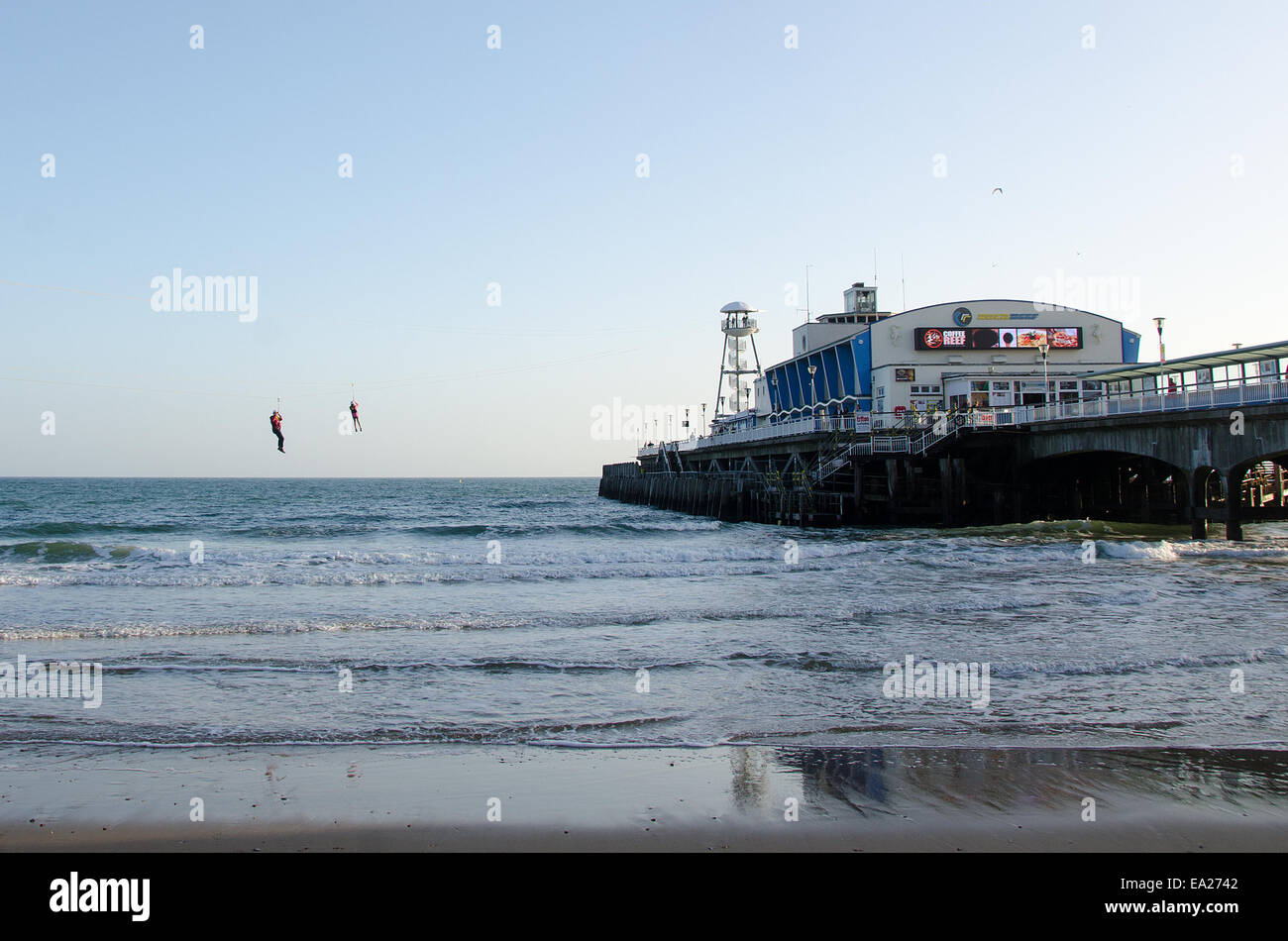 The PierZip, the first pier to beach zip wire in the world, opened in Bournemouth in September 2014. Stock Photo