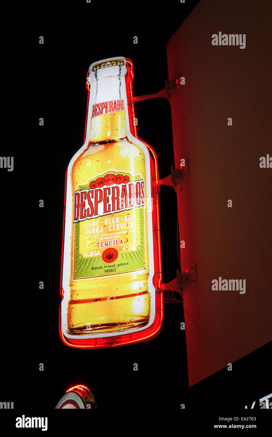 Beer light box, Neon lights, Desperados at night lighten up. at bar. Portugal. Stock Photo