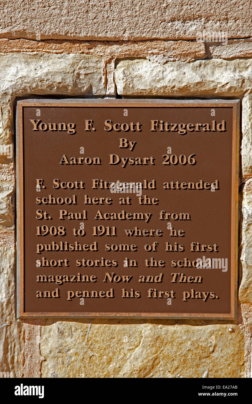 Plaque outside building that once housed author F. Scott Fitzgerald's school The St. Paul Academy. St Paul Minnesota MN USA Stock Photo