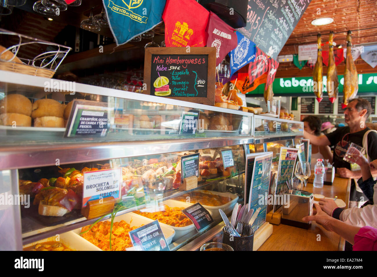 Tapas on display in the showcases of Tapas Restaurant   'Cava Aragonesa' in the old town of Benidorm on the Costa Blanca, Alican Stock Photo