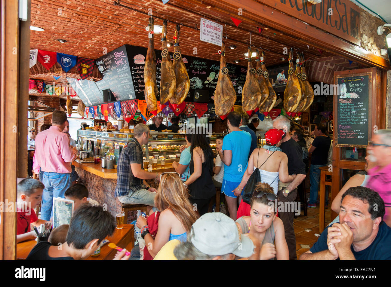 Tapas on display in the showcases of Tapas Restaurant   'Cava Aragonesa' in the old town of Benidorm on the Costa Blanca, Alican Stock Photo