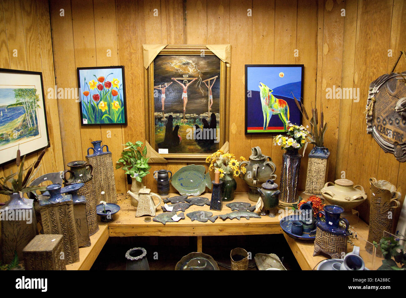 View of the artwork in the Ottertail Oaks Pottery & Wood Shop. Ottertail Minnesota MN USA Stock Photo