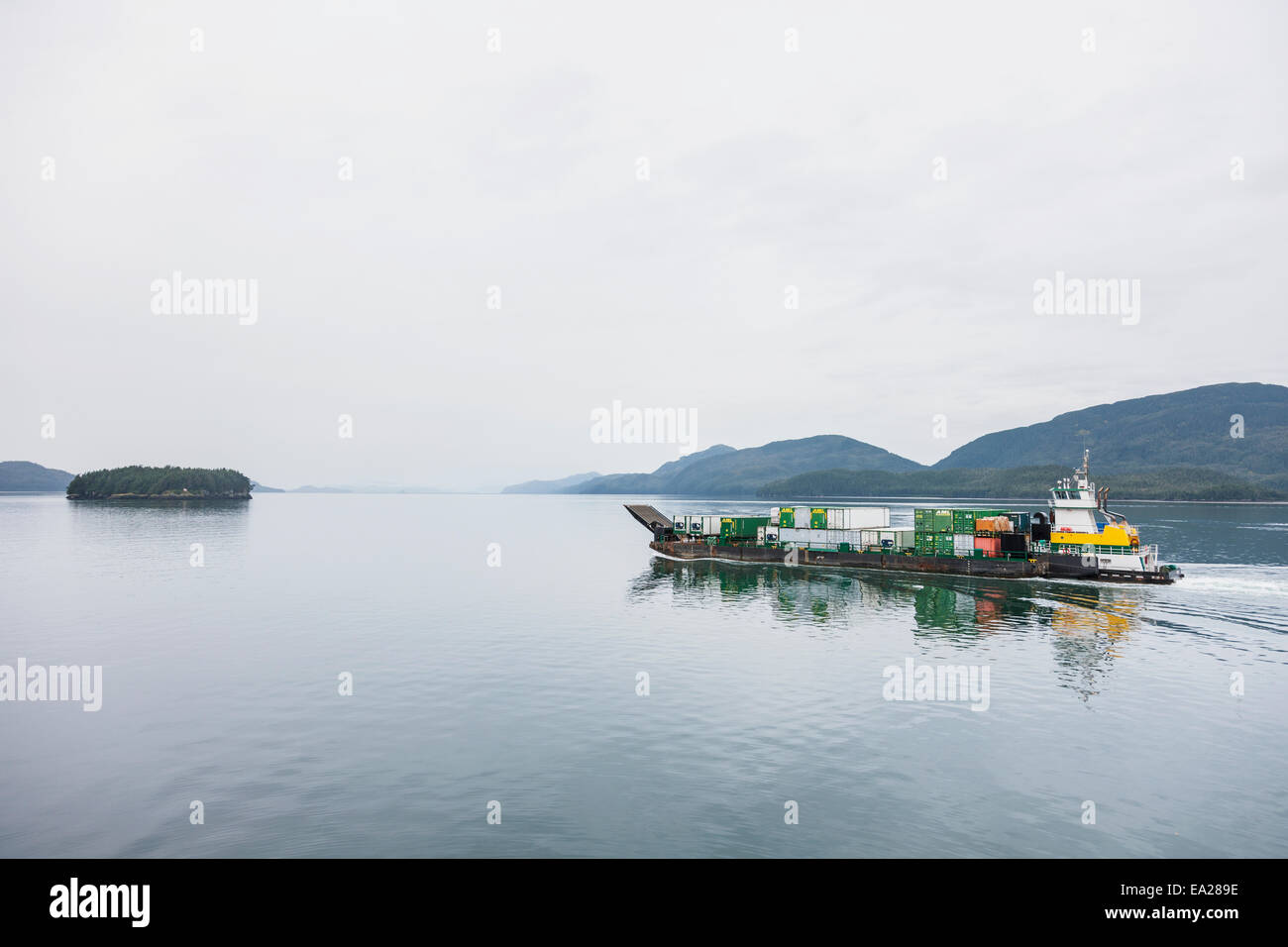 Cargo container barge heading into Cordova harbor, Orca Inlet, Prince ...