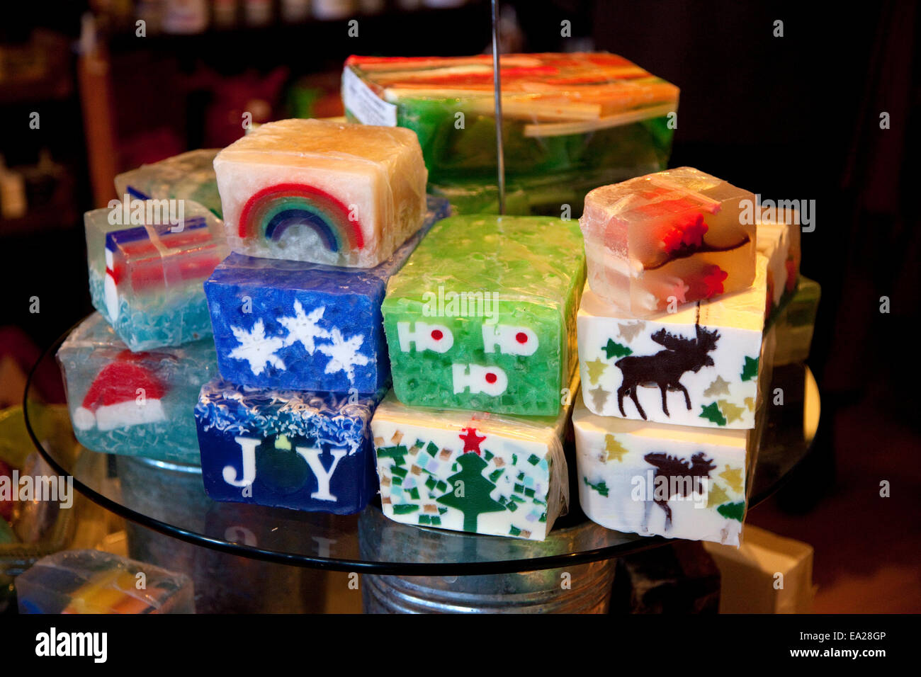 Stack of colorful holiday handmade soap for sale at The Williams