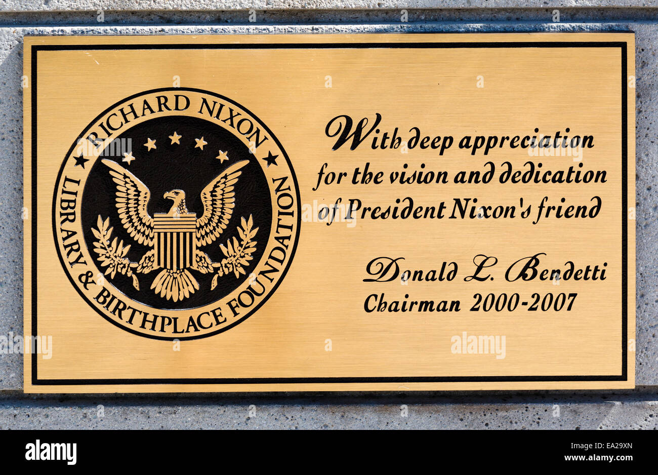 Plaque outside the Richard Nixon Presidential Library and Museum, Yorba Linda, Orange County, near Los Angeles, California, USA Stock Photo