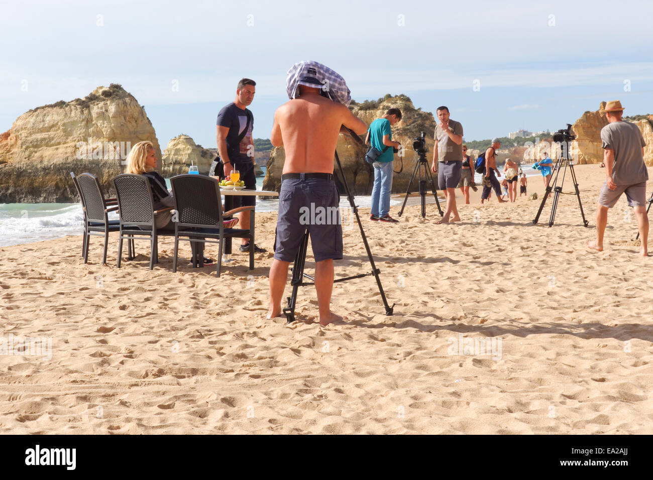 Filming, film crew, on location for the Burlacita Romania TV show. Portimao, Praia da Rocha, Algarve, Portugal. Stock Photo