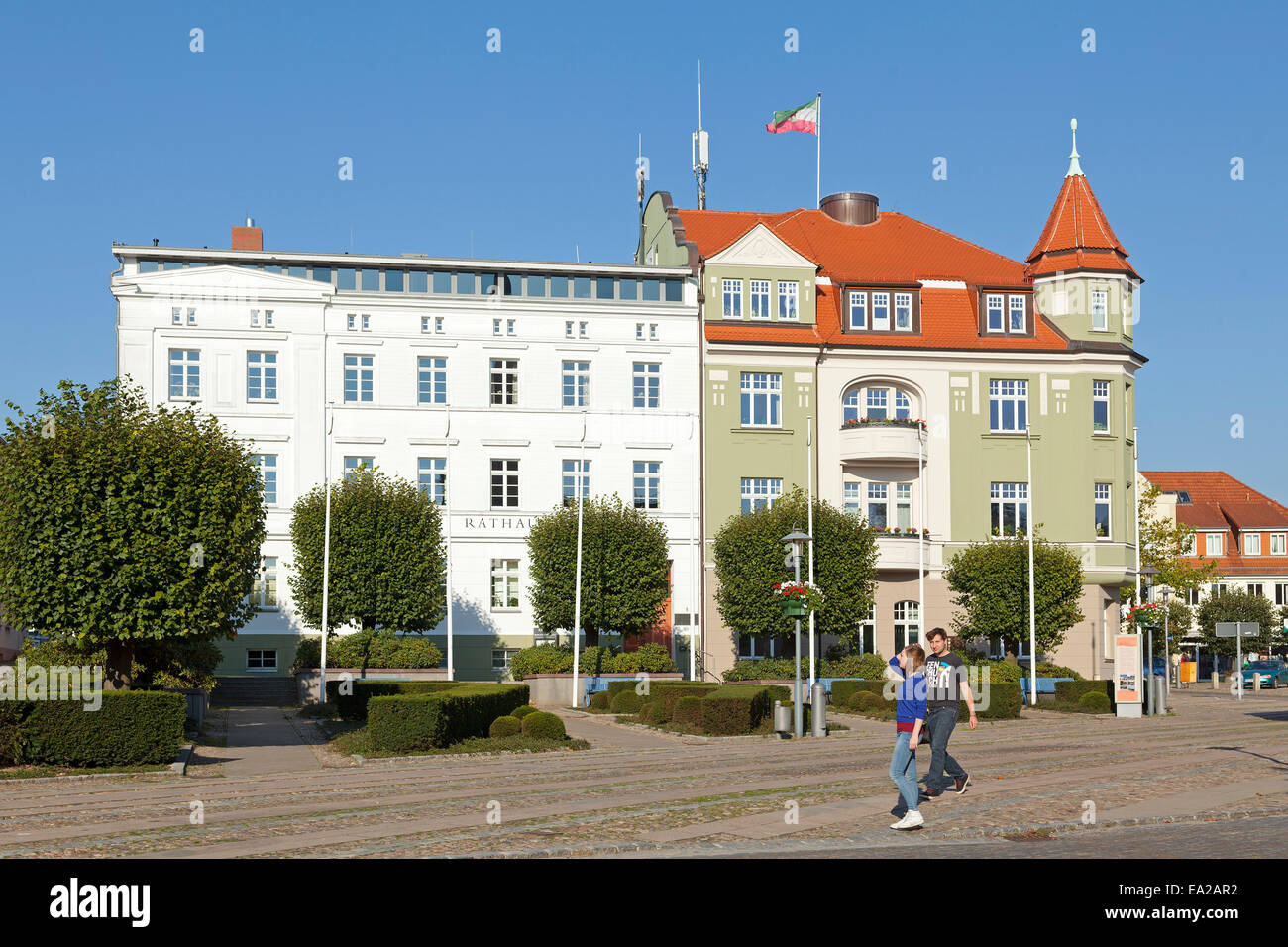 market square with town hall, Bergen, Ruegen Island, Mecklenburg-West ...