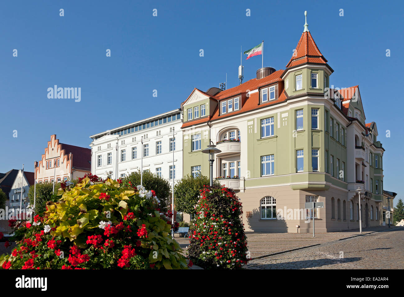market square with town hall, Bergen, Ruegen Island, Mecklenburg-West ...