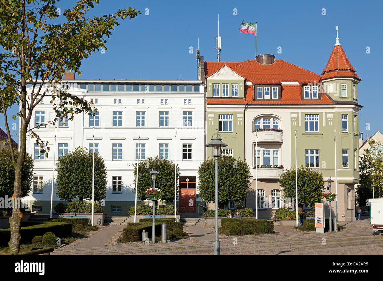 market square with town hall, Bergen, Ruegen Island, Mecklenburg-West ...