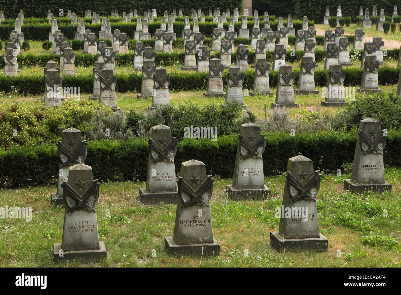 Graves of Soviet Soldiers who died during the Cold War at the Soviet Garrison Cemetery in Dresden, Saxony, Germany. Stock Photo