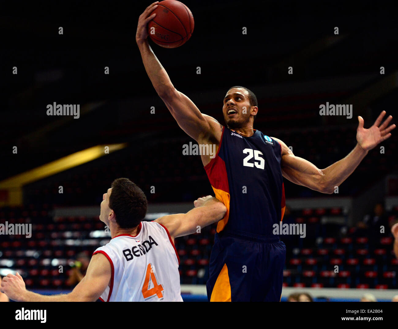 Petr Benda of Nymburk, left, and Jordan Morgan of Rome pictured during the  Men's European Basketball Cup 4th round group C game Nymburk vs Virtus Rome  in Prague, Czech Republic, November 5,