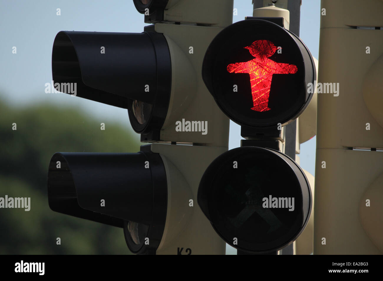 GDR era pedestrian signal little red man at the traffic lights in Dresden, Saxony, Germany. Stock Photo