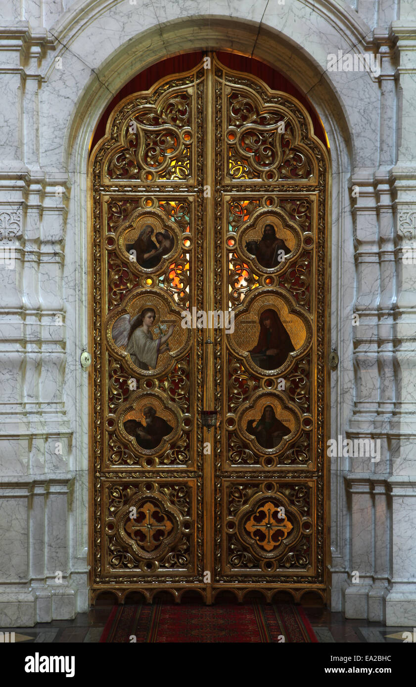 Holy doors of the marble iconostasis in the Russian Orthodox Saint Simeon's Church in Dresden, Saxony, Germany. Stock Photo