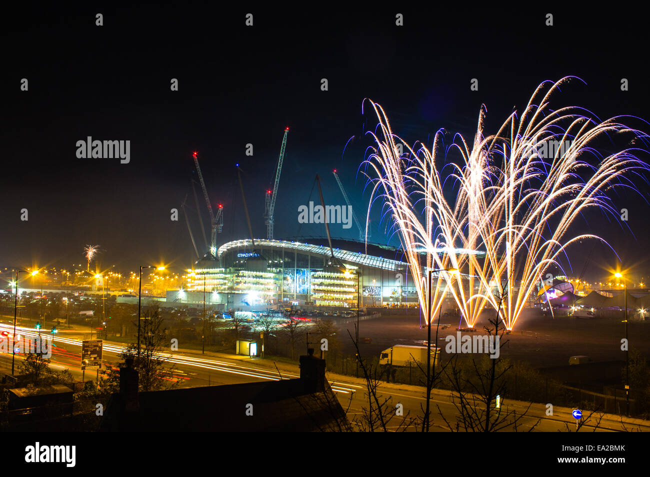 Etihad Stadium and fireworks before Bonfire Night Champions League match, Manchester City v. CSKA Moscow. Stock Photo