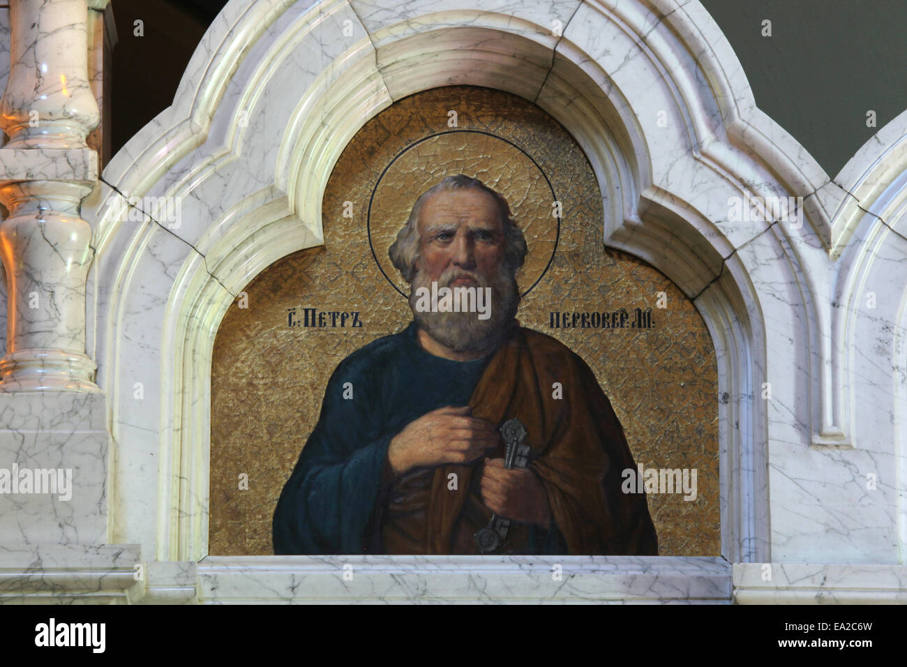 Saint Peter the Apostle. Icon in the marble iconostasis of the Russian Orthodox Church in Dresden, Saxony, Germany. Stock Photo