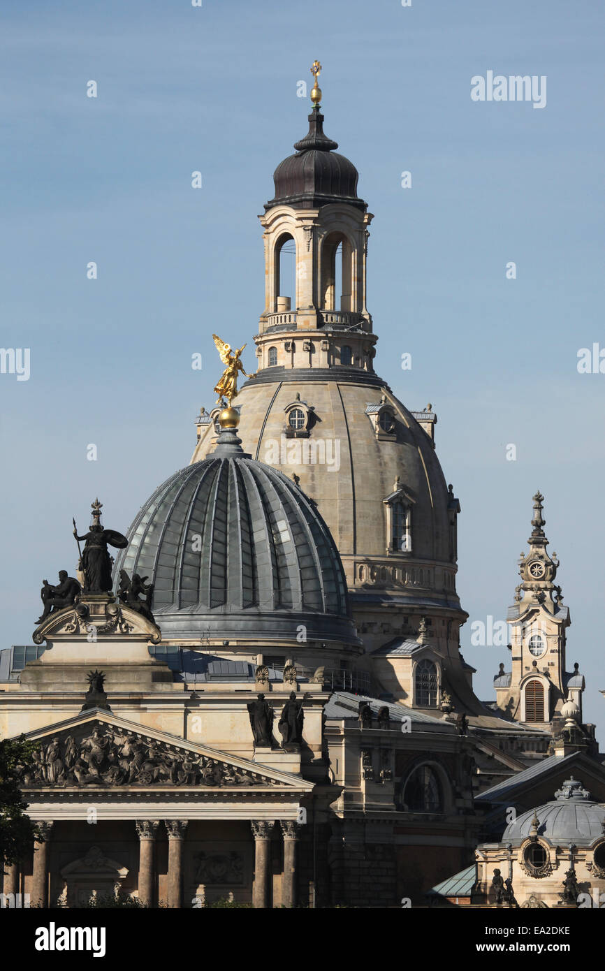 Domes of the Academy of Fine Arts (L) and the Frauenkirche (R) in Dresden, Saxony, Germany. Stock Photo
