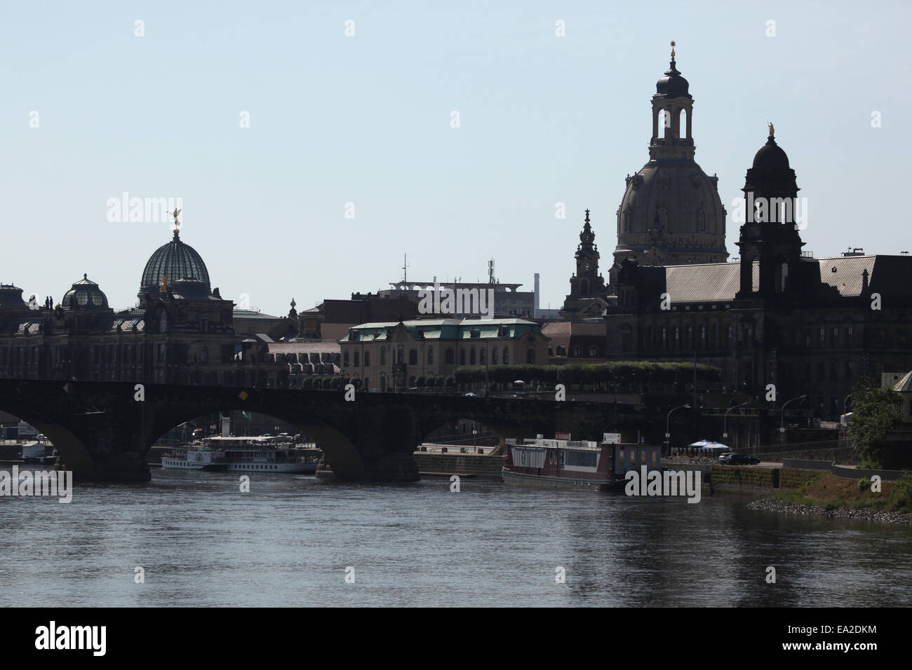 Domes of the Academy of Fine Arts (L) and the Frauenkirche (R) and the Elbe River in Dresden, Saxony, Germany. Stock Photo