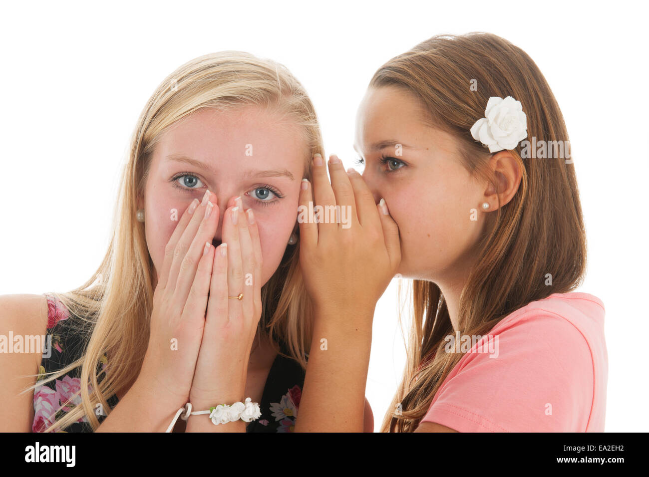 Teen girls are whispering gossip to each other Stock Photo