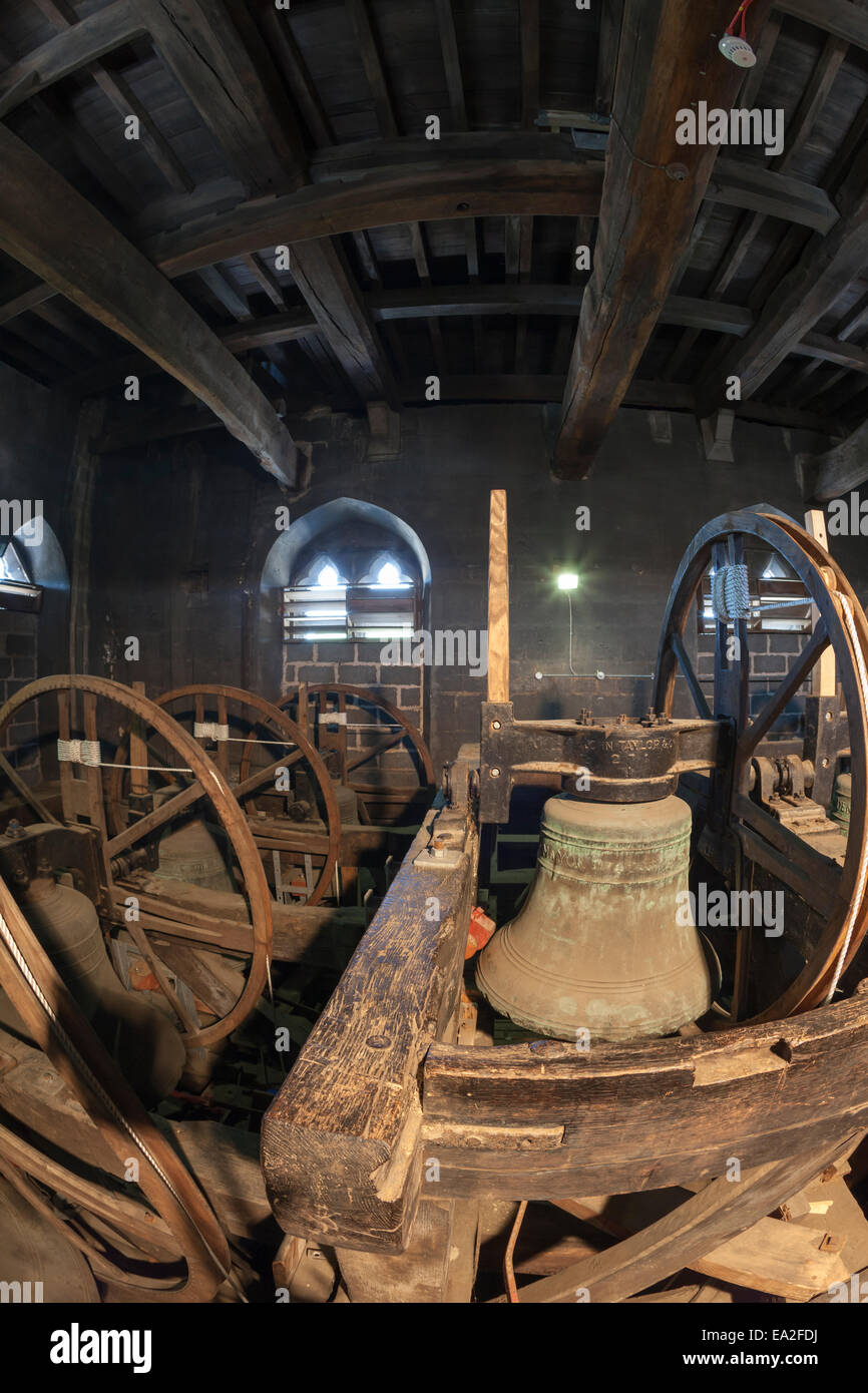 Bells inside the bell chamber of Bath Abbey tower in Bath, somerset ...