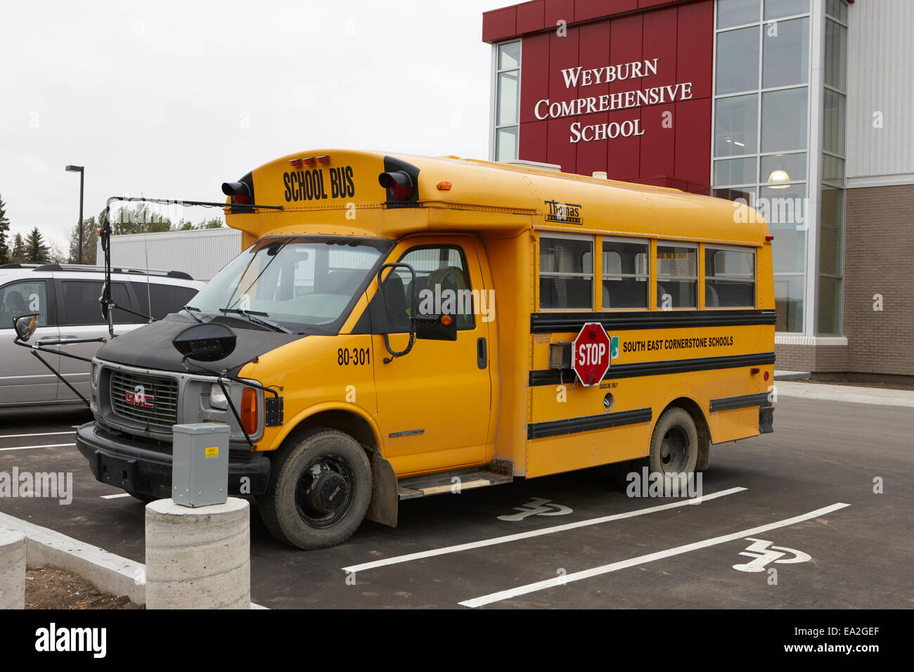 type a gmc north american short yellow school bus Saskatchewan Canada Stock Photo