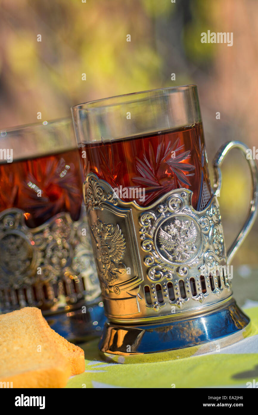 Tea in Glass, Glasses in Traditional Russian Glass Holder Holders, Podstakanniki Stock Photo
