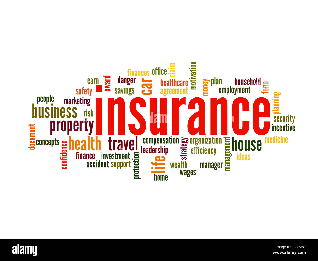 Insurance Word Cloud Concept in terms such as auto, house, travel and more Stock Photo