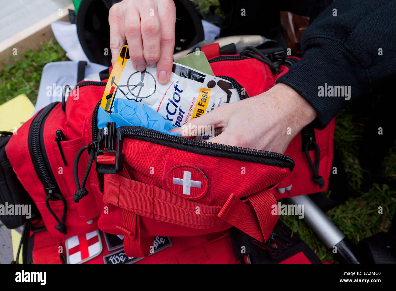 EMT personnel preparing first aid kit - USA Stock Photo