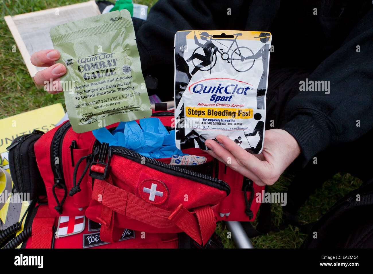 EMT personnel preparing first aid kit - USA Stock Photo