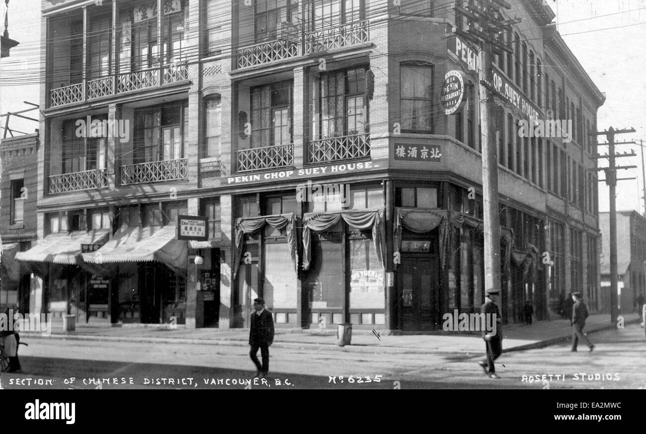 This image shows a section of the Chinese district in Vancouver, British Columbia, offering a glimpse into the cultural and historical significance of the area during a specific period. Stock Photo