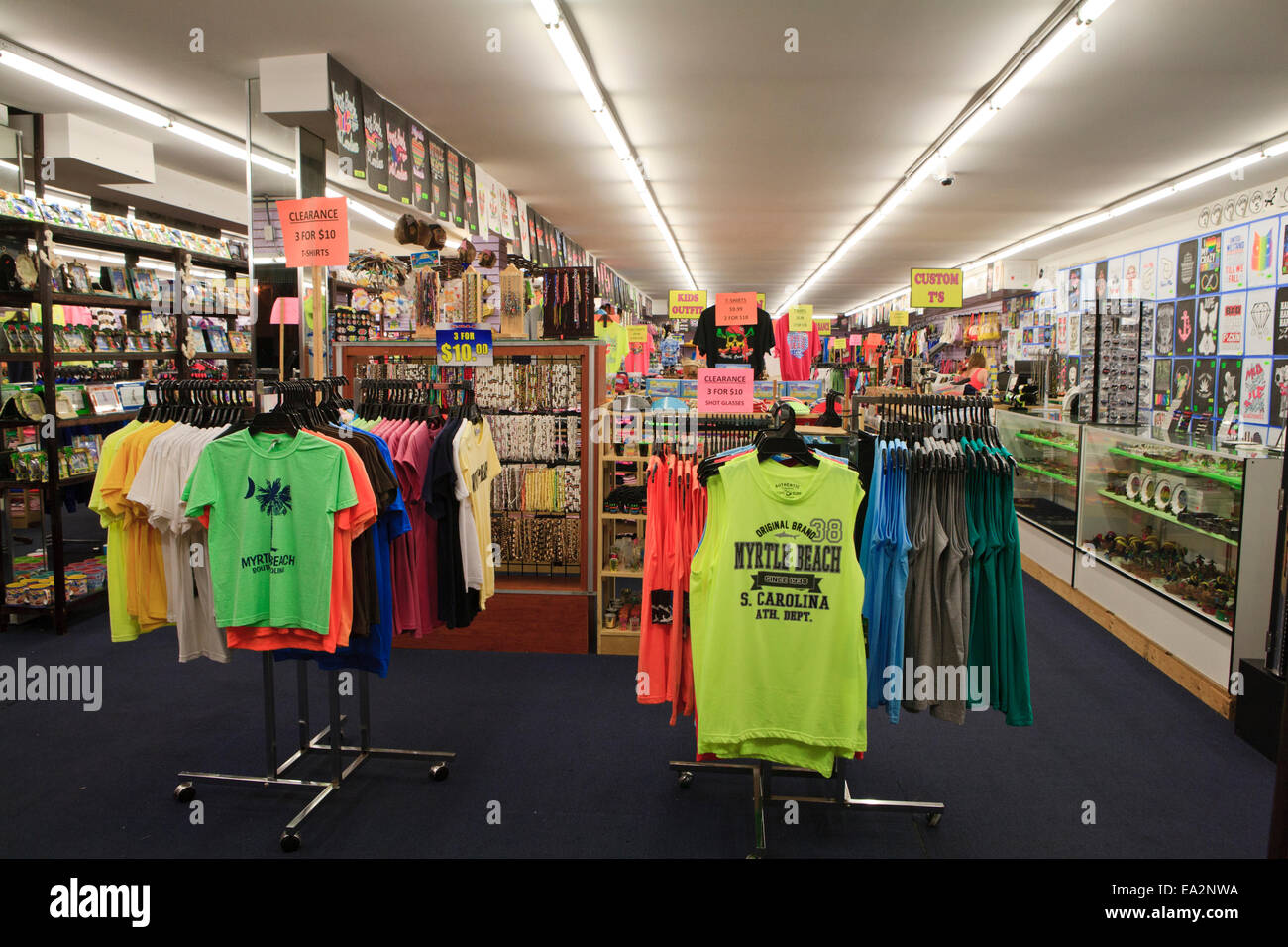 Inside of a store in Myrtle Beach South Carolina, with t-shirts and end of season discounts. Stock Photo