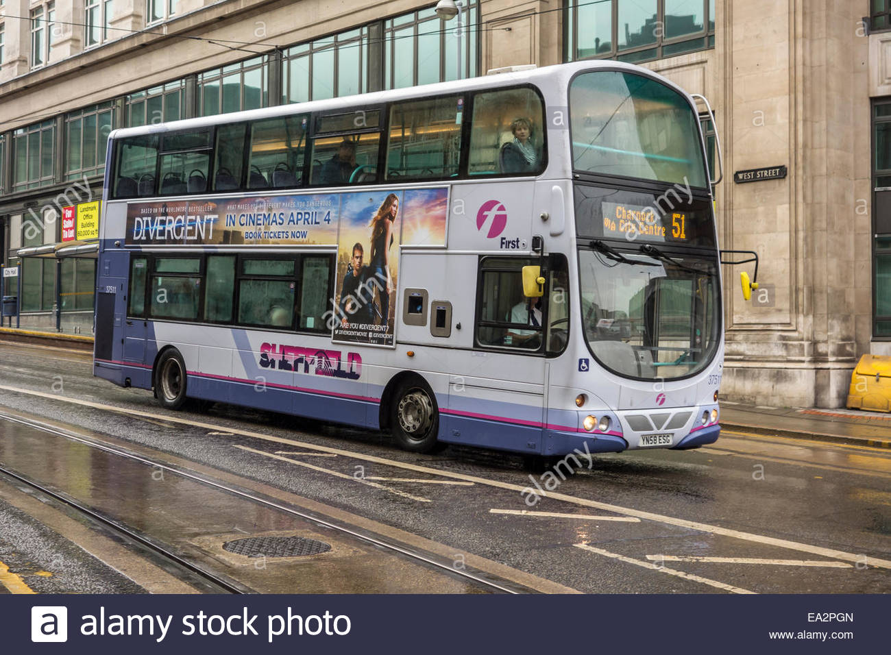 Double Decker Bus Operted By First Group In West Street Sheffield England Stock Double Decker Bus Operted By First Group In West Street Sheffield England Stock