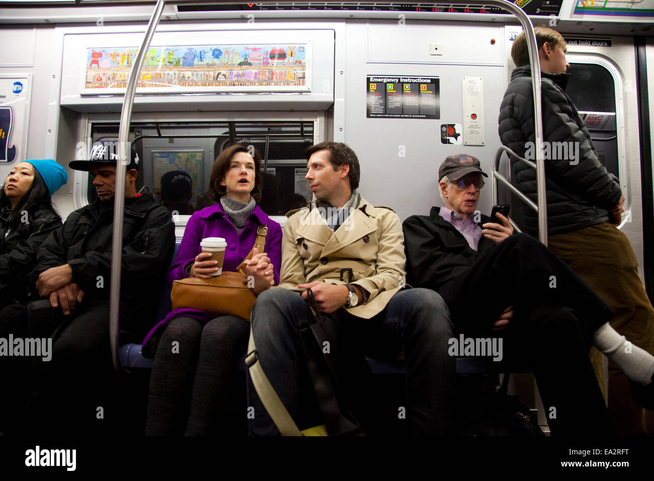 people riding on the New York City subway, New York, United States of America Stock Photo