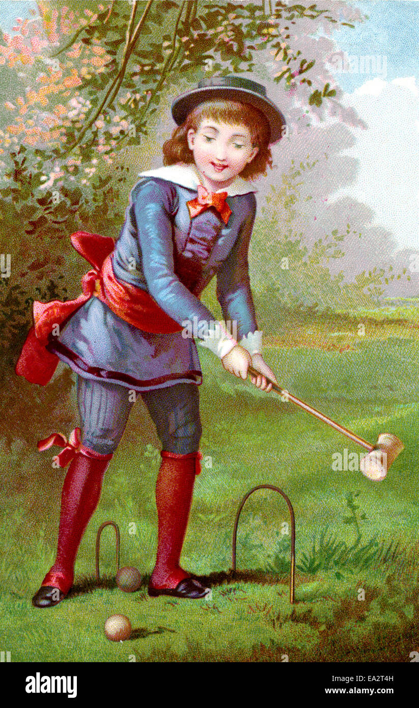 Card depicting boy playing croquet Stock Photo Alamy