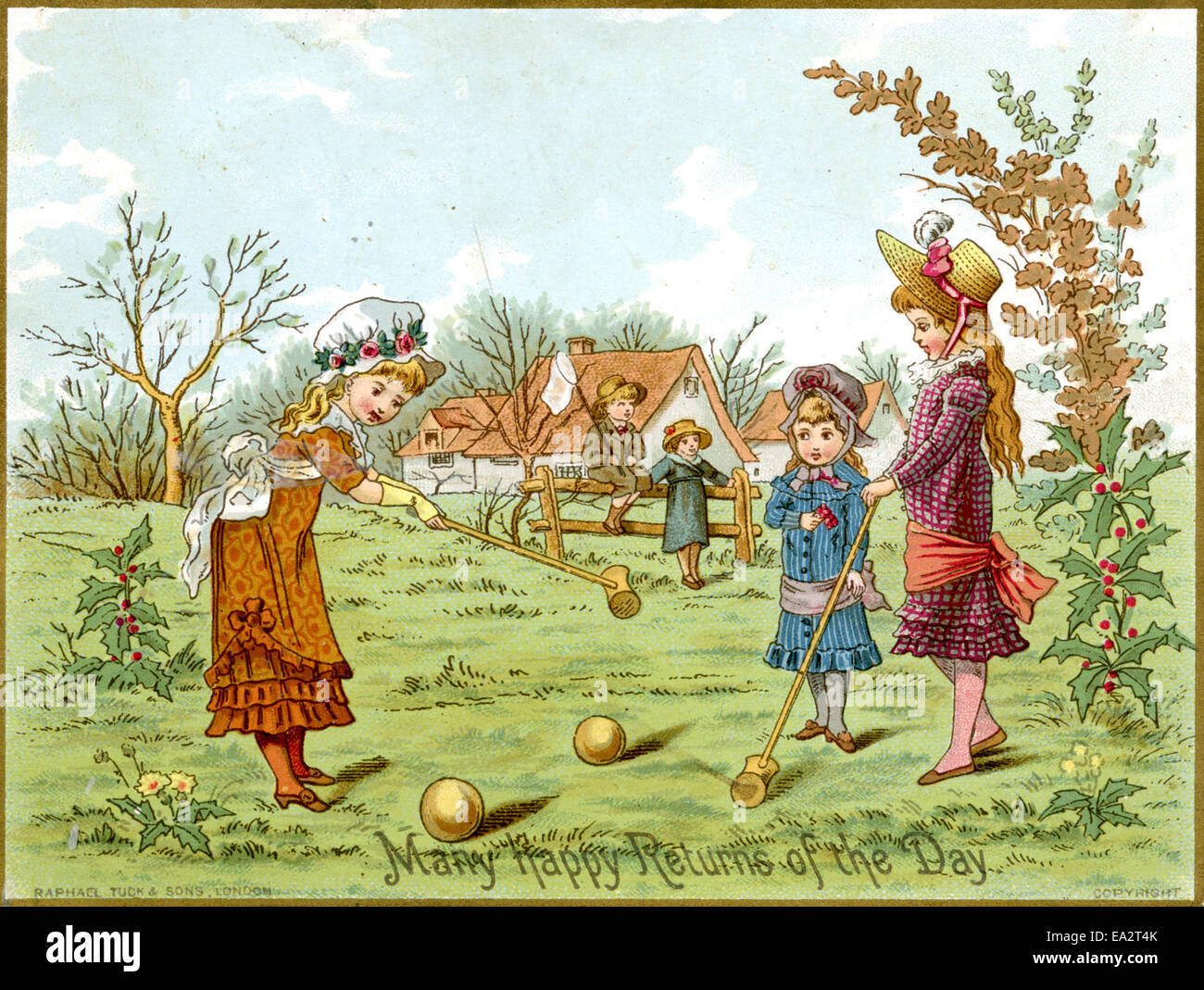 Card depicting children playing croquet Stock Photo Alamy