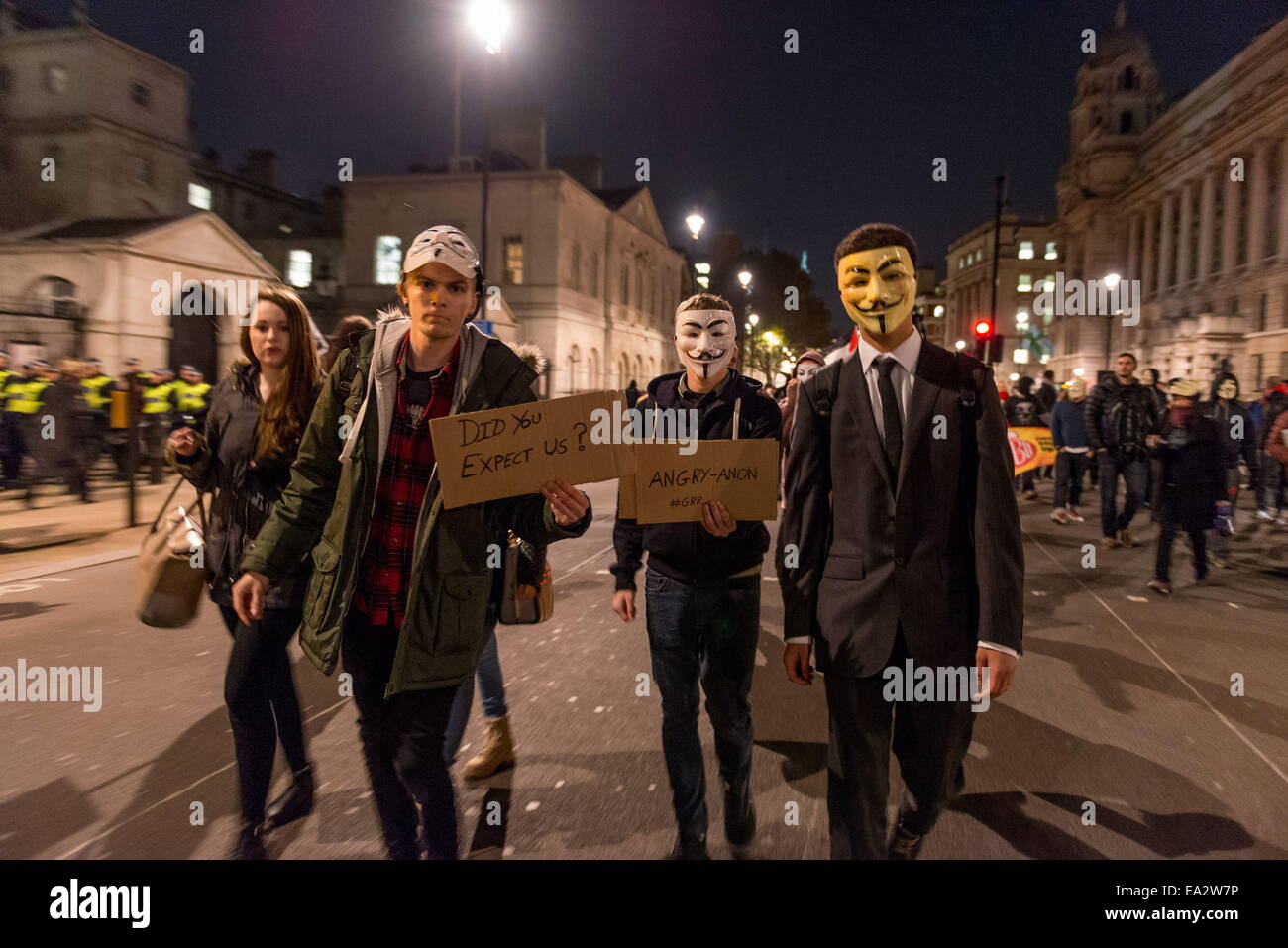 London, UK.. 5th Nov, 2014. Million Mask March in protest against mass surveillance, austerity and infringement of human rights. Credit:  Velar Grant/ZUMA Wire/ZUMAPRESS.com/Alamy Live News Stock Photo