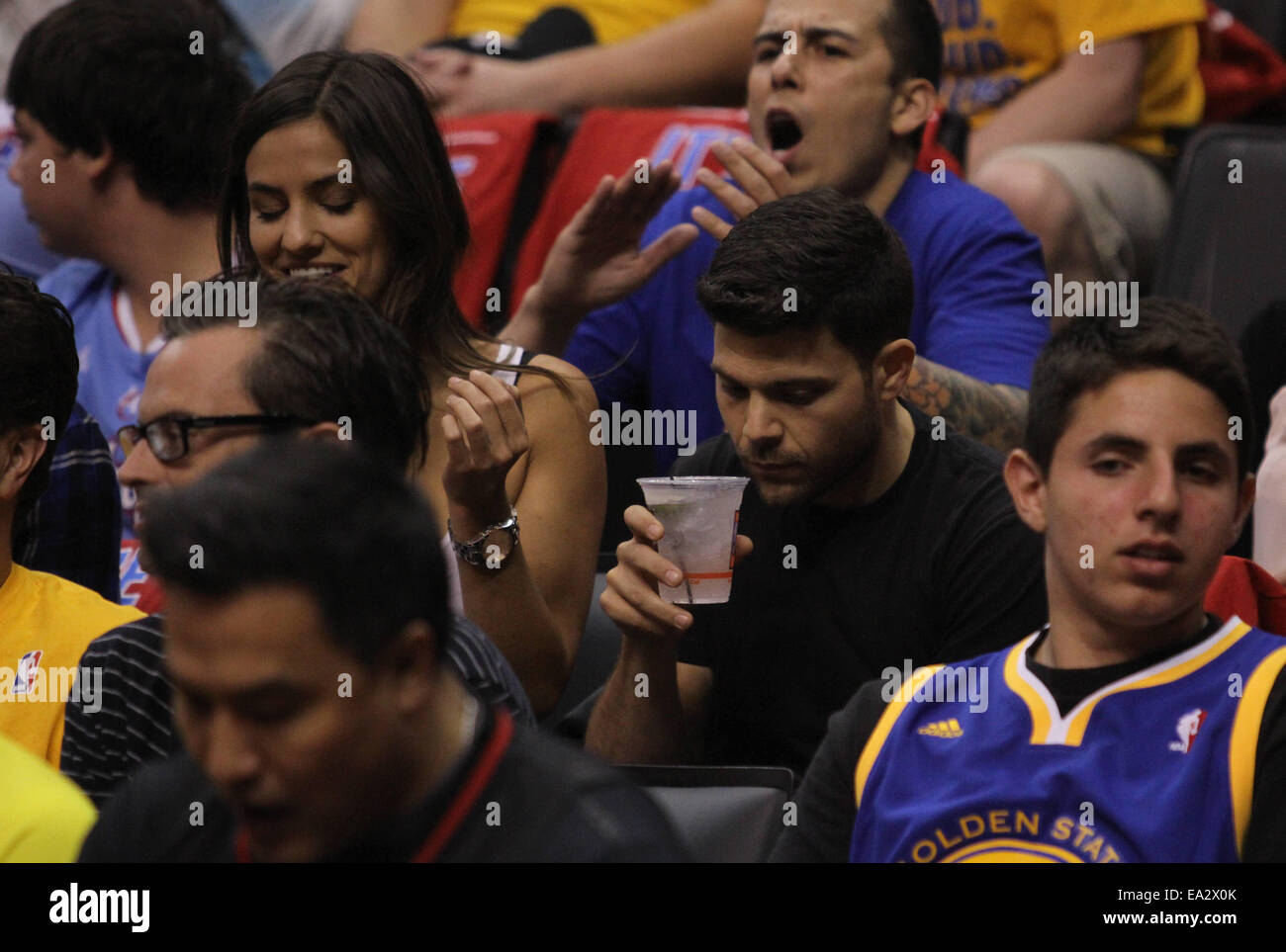 Celebrities watch the Clippers playoff game at the Staples Center. The