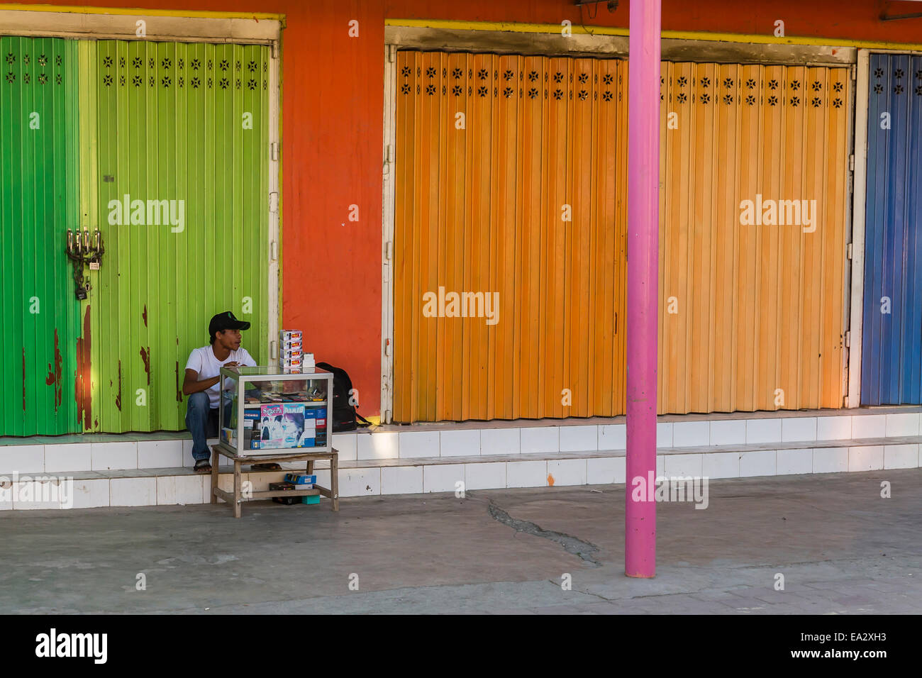 Man selling electronics from small cart in the capital city of Dili, East Timor, Southeast Asia, Asia Stock Photo