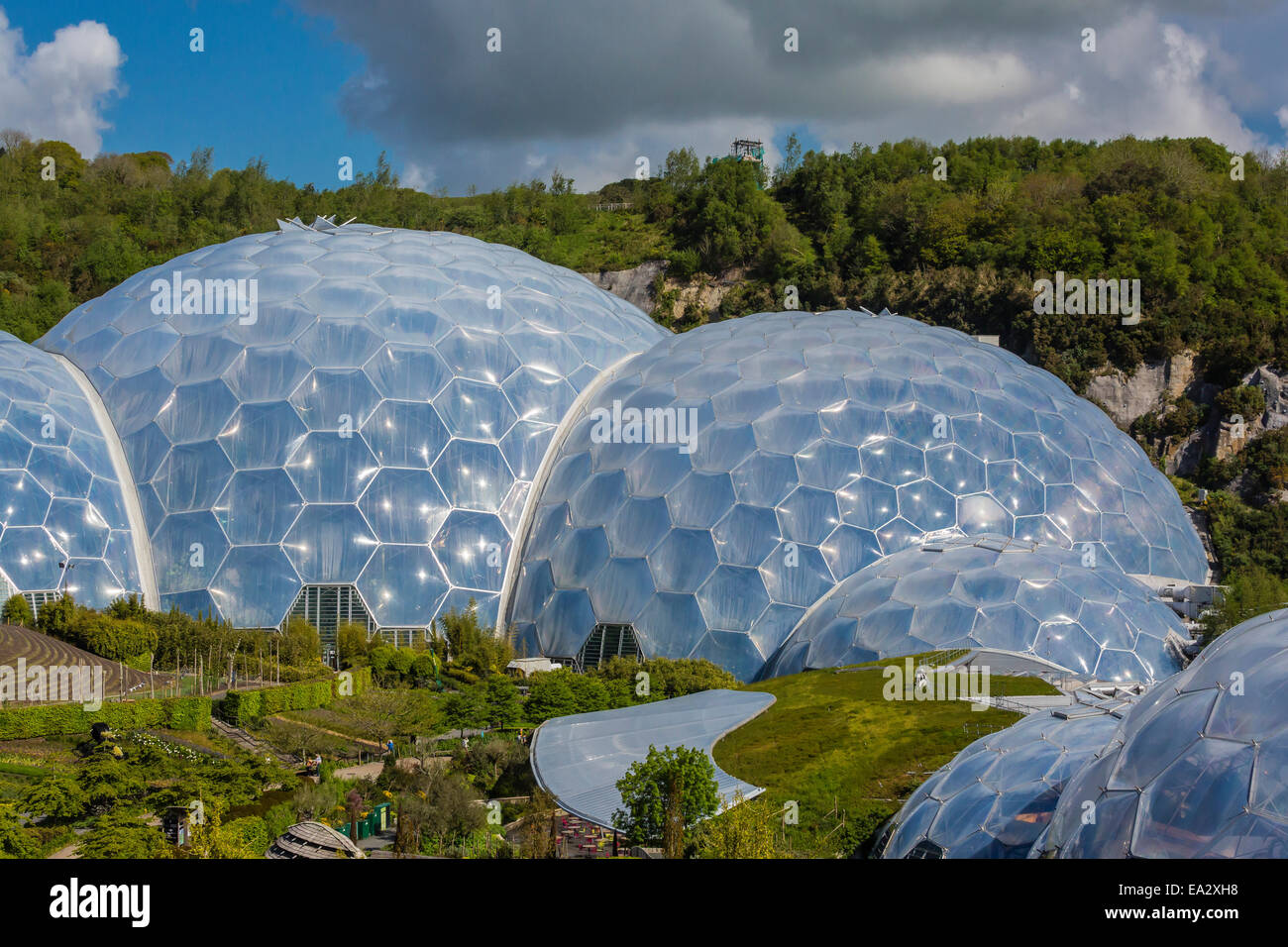 The Eden Project, consisting of greenhouse domes simulating biomes from around the world, St. Austell, Cornwall, England, UK Stock Photo