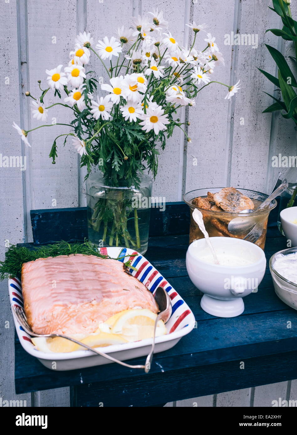 Tradtional Swedish foods, including salmon fillet with lemon and herring, Sweden, Scandinavia, Europe Stock Photo