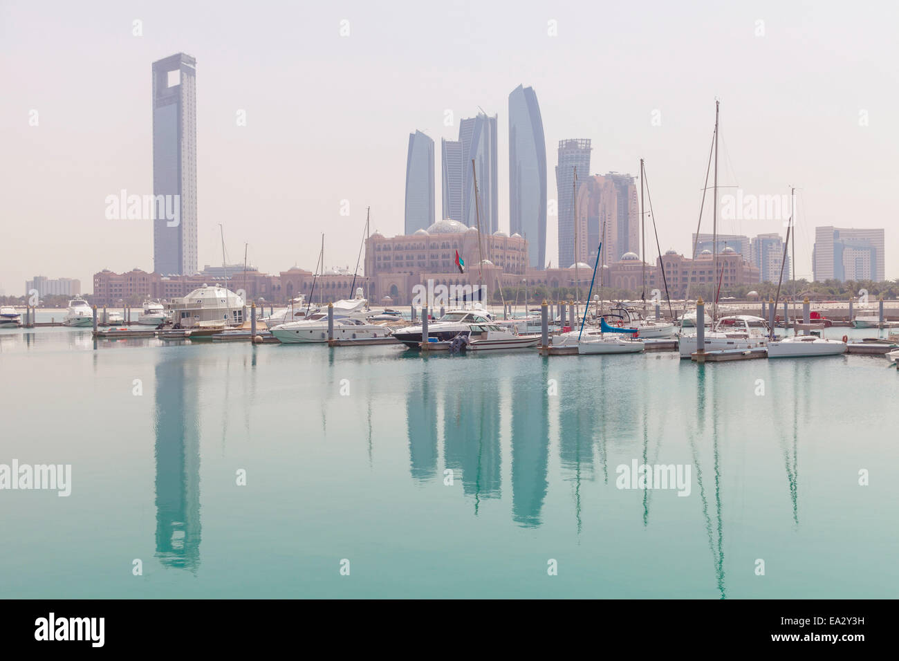 City skyline looking towards the Emirates Palace Hotel and Etihad Towers, Abu Dhabi, United Arab Emirates, Middle East Stock Photo