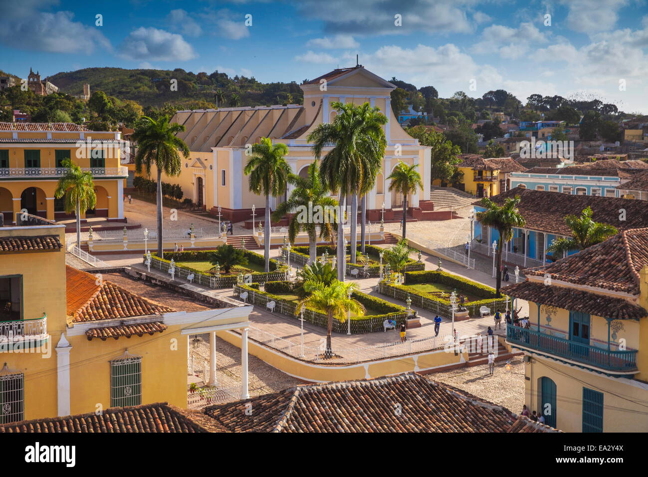 View of Plaza Mayor towards Iglesia Parroquial de la Santisima Trinidad, Trinidad, UNESCO Site, Sancti Spiritus Province, Cuba Stock Photo
