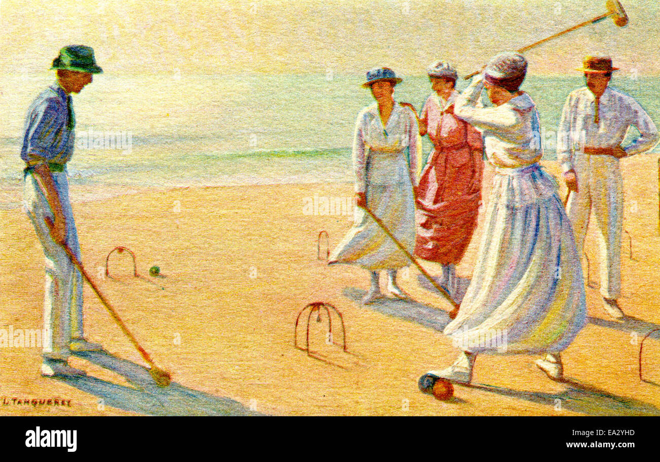 Postcard depicting a game of croquet on the beach Stock Photo Alamy