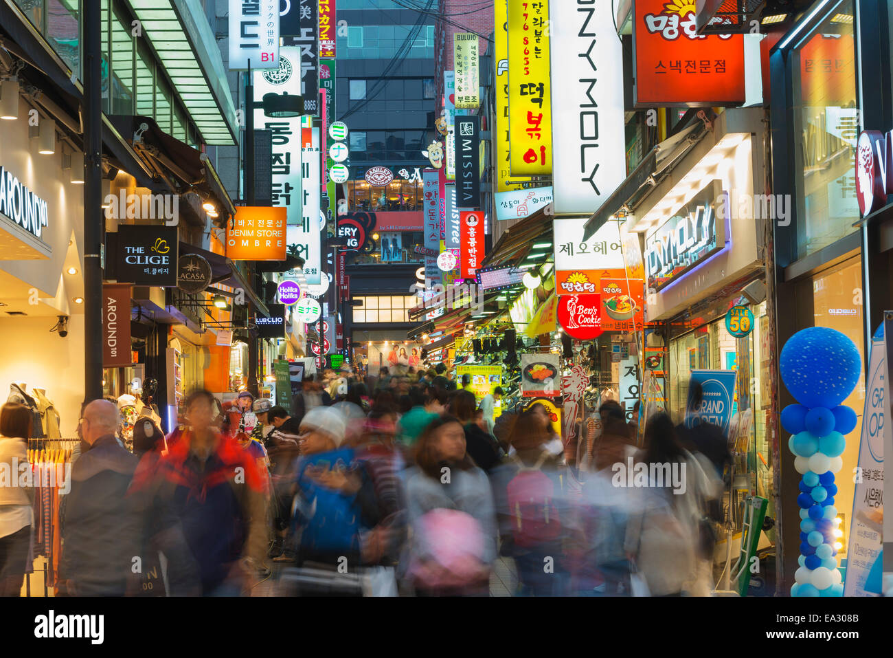 Neon lit streets of Myeong-dong, Seoul, South Korea, Asia Stock Photo